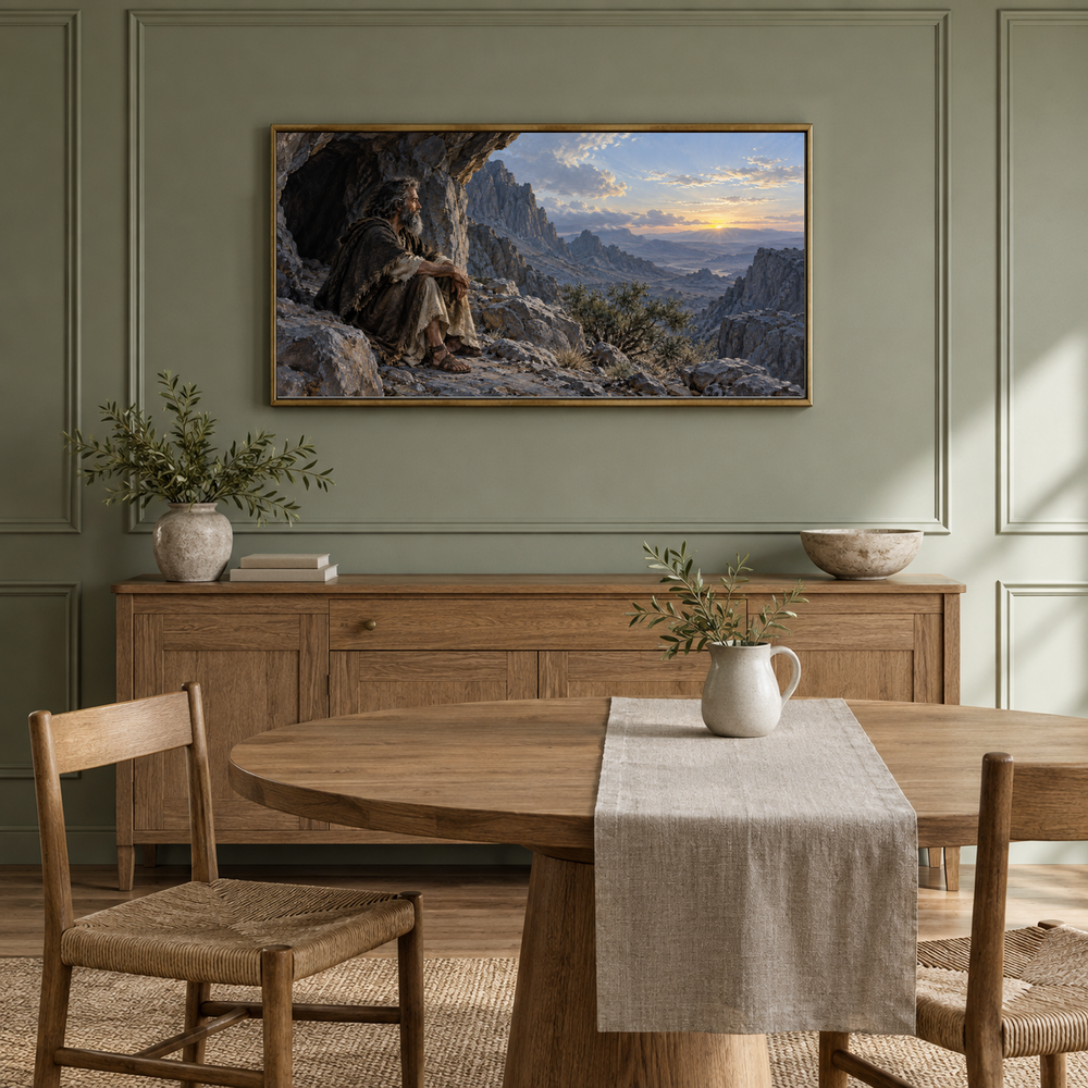 Elijah at Horeb oil painting displayed in a sage dining alcove