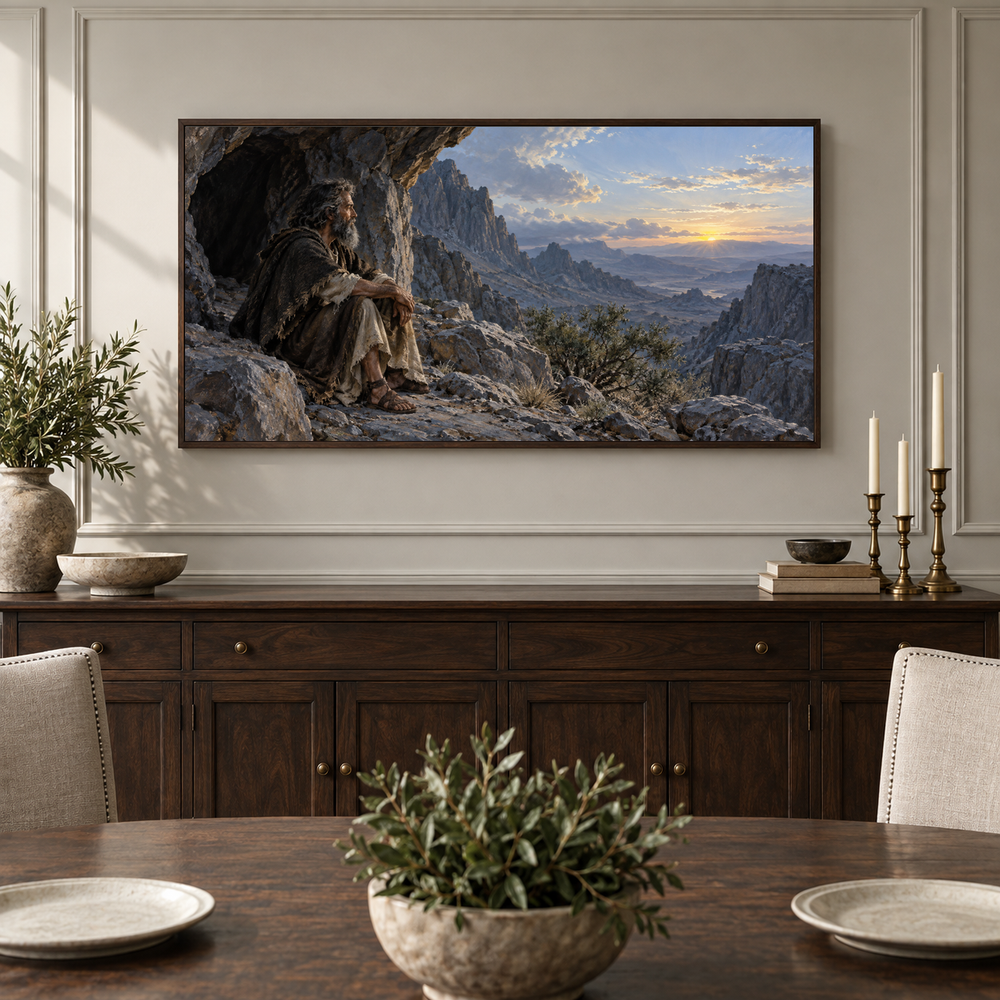 Elijah at Horeb oil painting displayed in a classic dining room