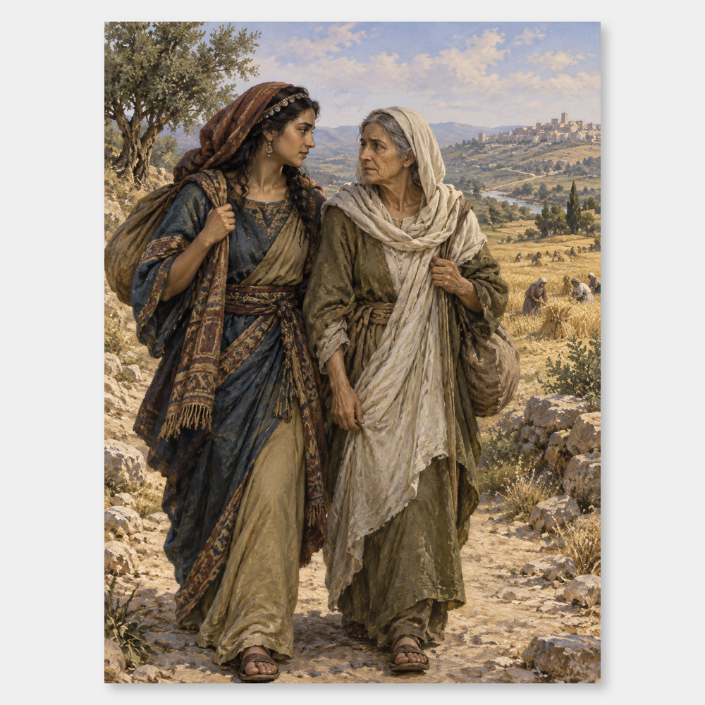 Ruth, a Moabite, accompanies Naomi on the road toward Judah.
