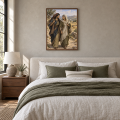 Ruth and Naomi on the Road oil painting displayed in a neutral bedroom