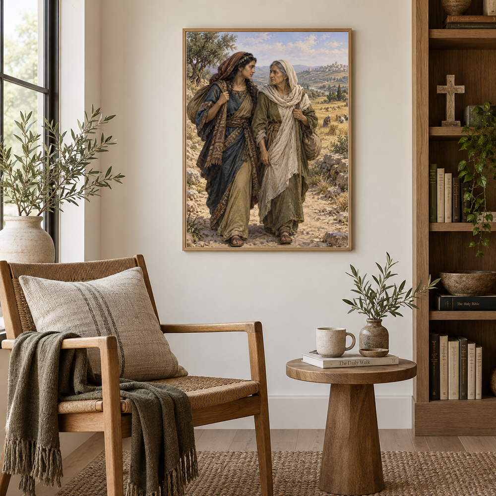 Ruth and Naomi on the Road oil painting displayed in a new Christian prayer reading nook
