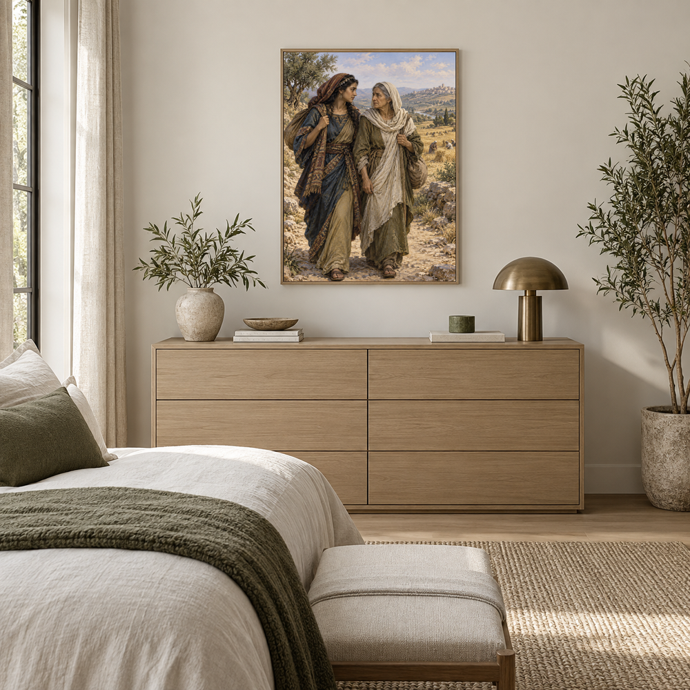Ruth and Naomi on the Road oil painting displayed in a new Christian neutral bedroom