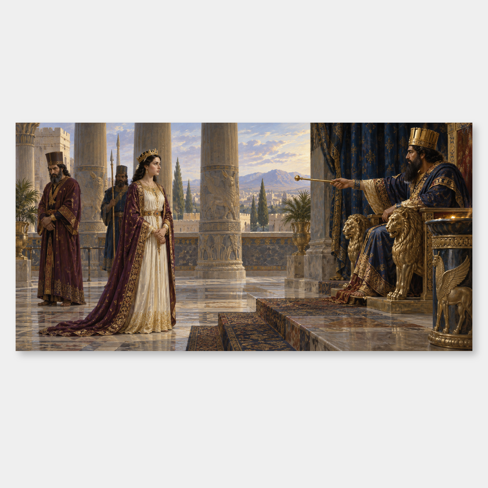 Esther approaches the king and receives the extended scepter in Esther 5.