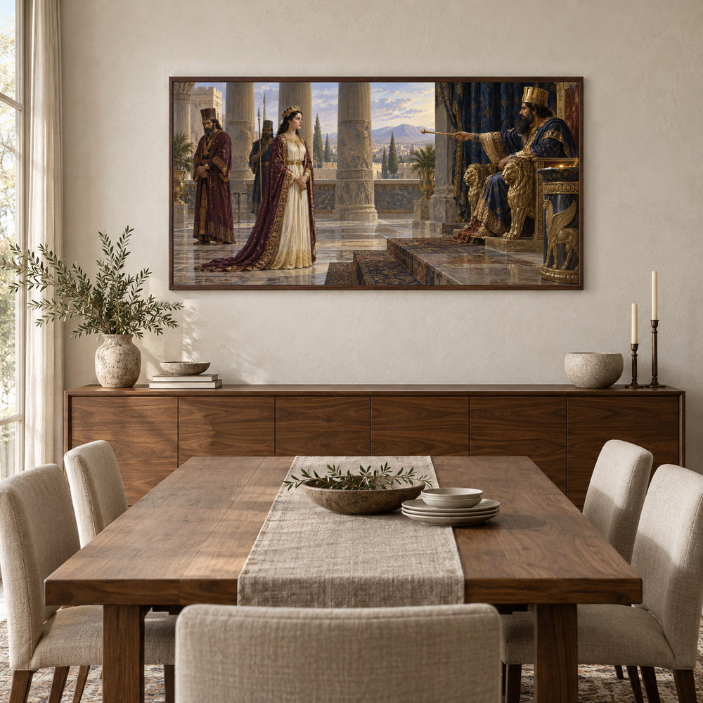 Esther Before the King oil painting displayed in a walnut dining room