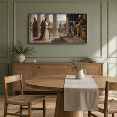 Esther Before the King oil painting displayed in a sage dining alcove