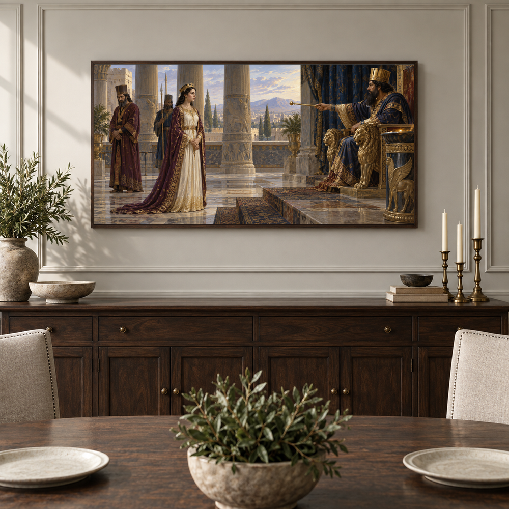 Esther Before the King oil painting displayed in a classic dining room