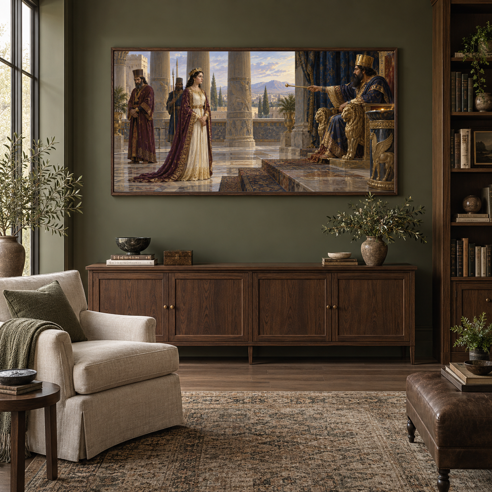 Esther Before the King oil painting displayed in a olive home library