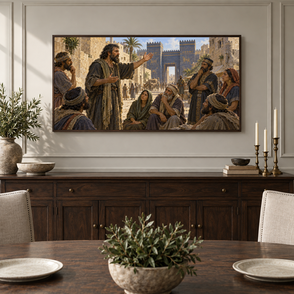 Jonah’s Warning to Nineveh oil painting displayed in a classic dining room