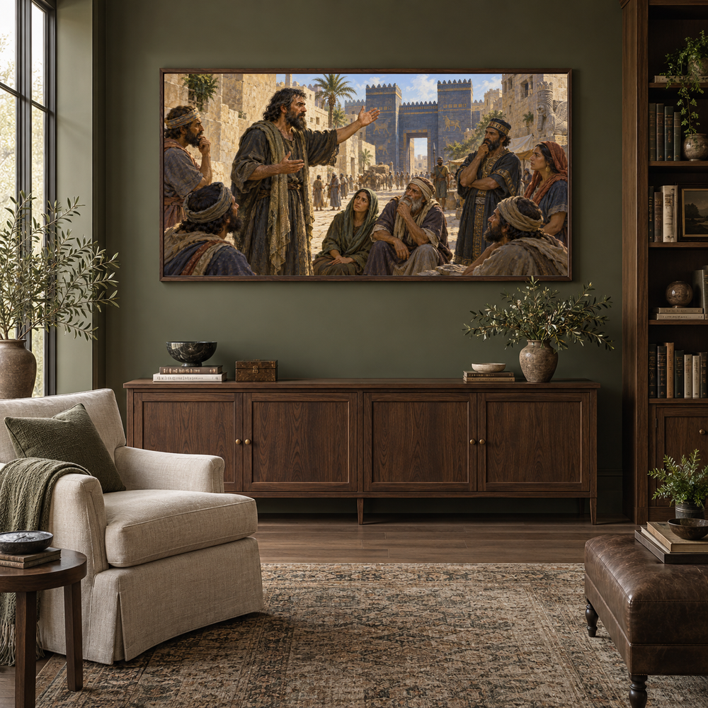 Jonah’s Warning to Nineveh oil painting displayed in a olive home library