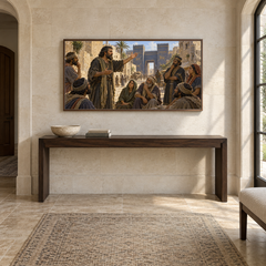 Jonah’s Warning to Nineveh oil painting displayed in a limestone entry gallery