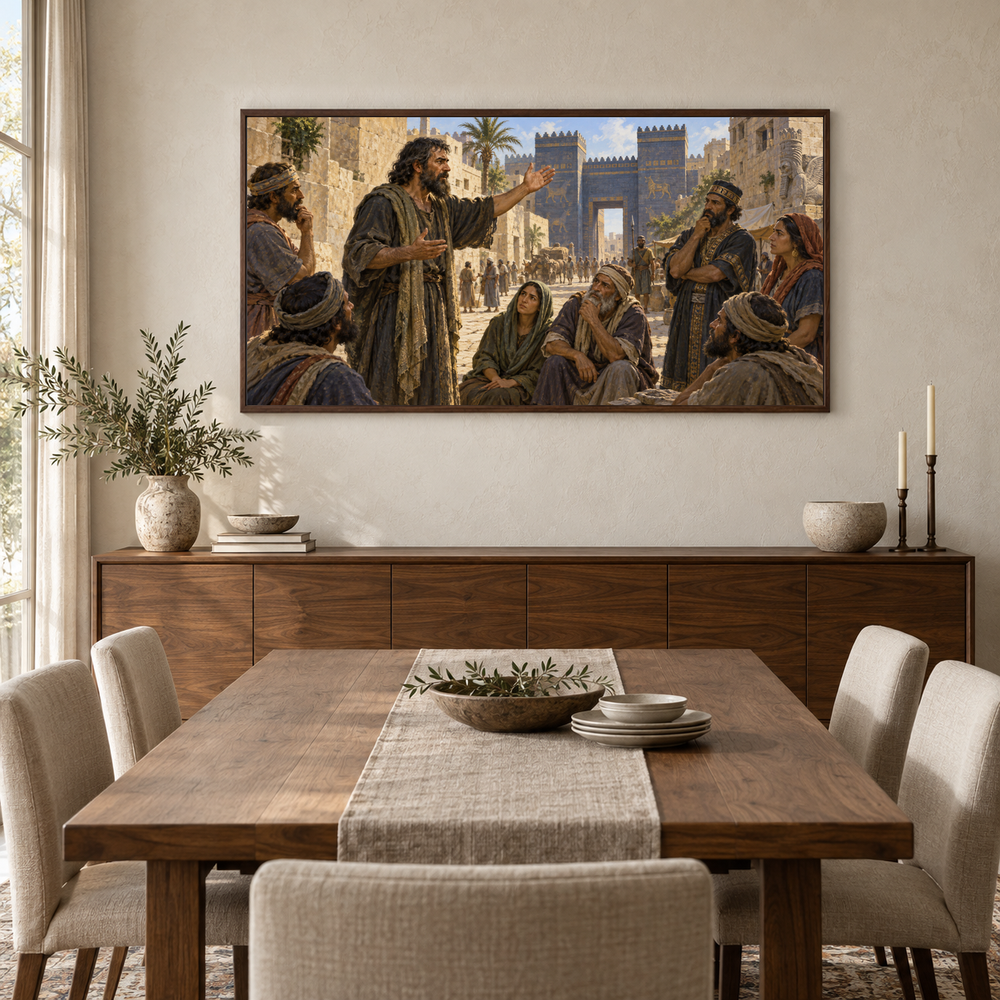 Jonah’s Warning to Nineveh oil painting displayed in a walnut dining room