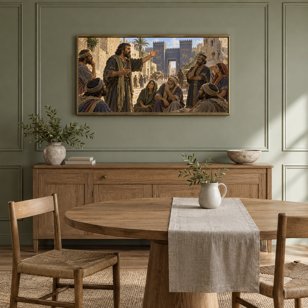 Jonah’s Warning to Nineveh oil painting displayed in a sage dining alcove