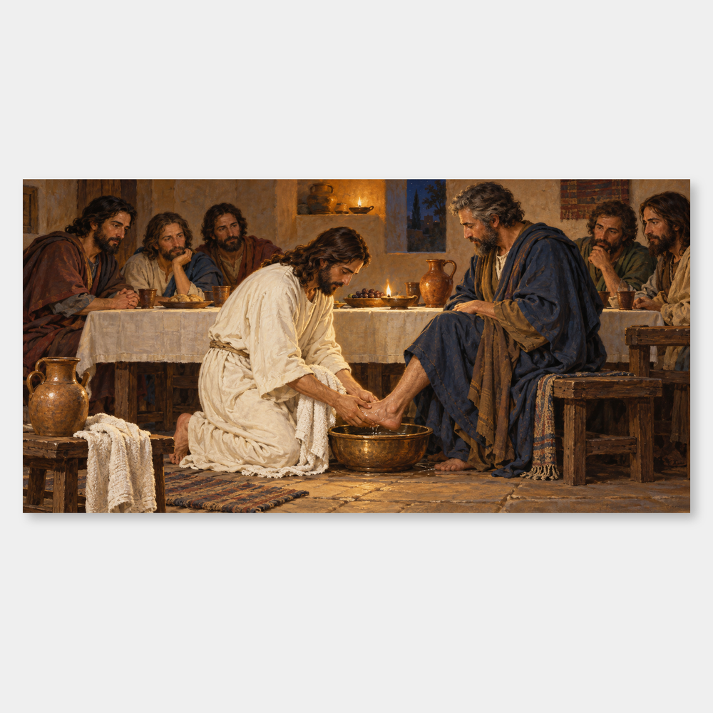 Jesus kneels with basin and towel during the supper in John 13.