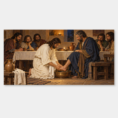 Jesus kneels with basin and towel during the supper in John 13.