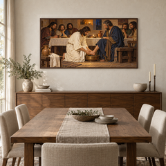 Jesus Washes the Disciples’ Feet oil painting displayed in a walnut dining room