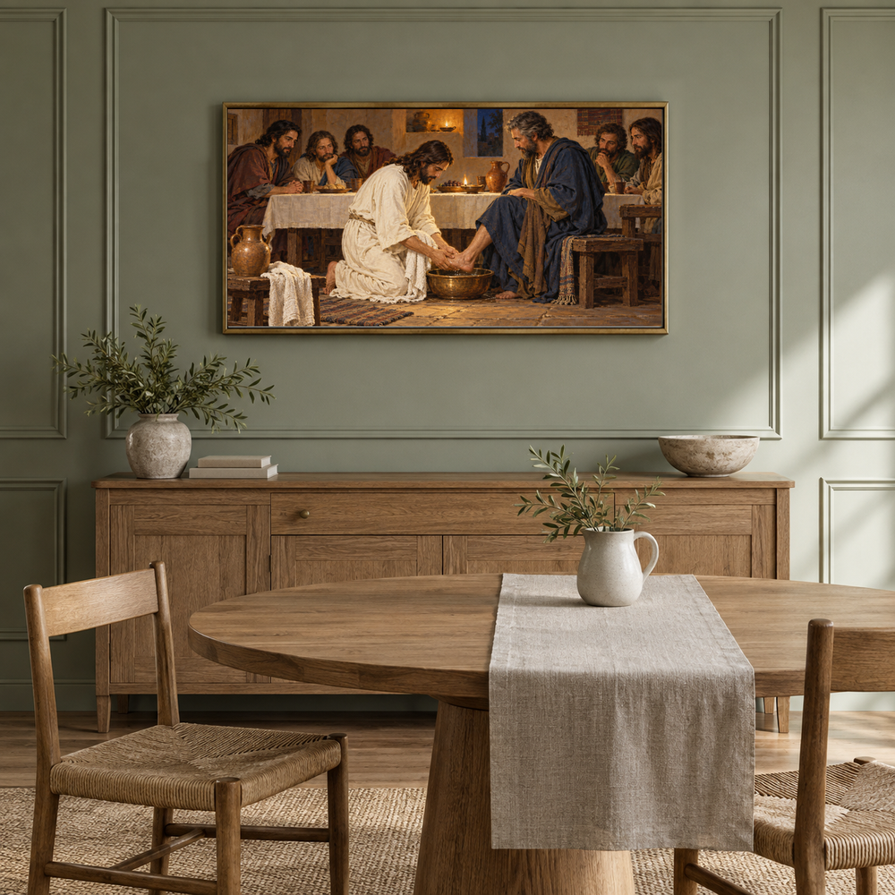 Jesus Washes the Disciples’ Feet oil painting displayed in a sage dining alcove