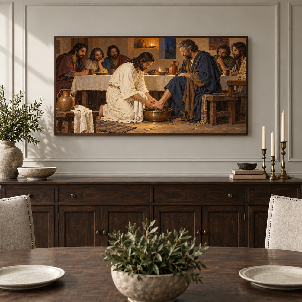 Jesus Washes the Disciples’ Feet oil painting displayed in a classic dining room