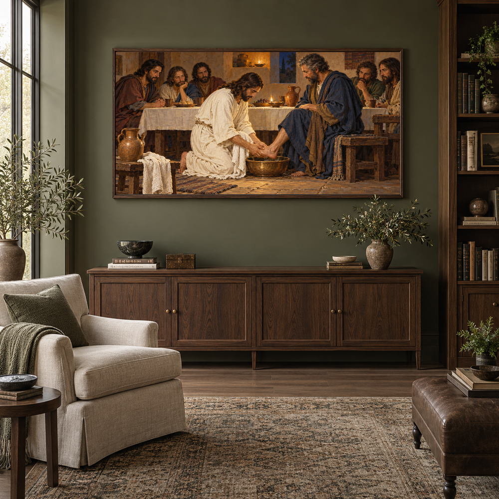 Jesus Washes the Disciples’ Feet oil painting displayed in a olive home library