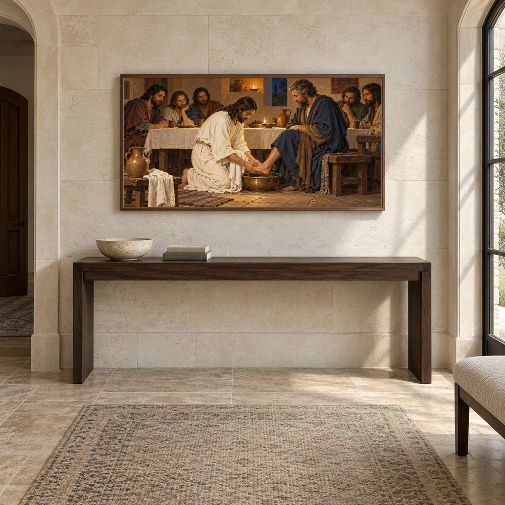 Jesus Washes the Disciples’ Feet oil painting displayed in a limestone entry gallery