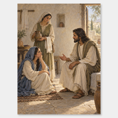 Mary and Martha at Bethany on a neutral gray background