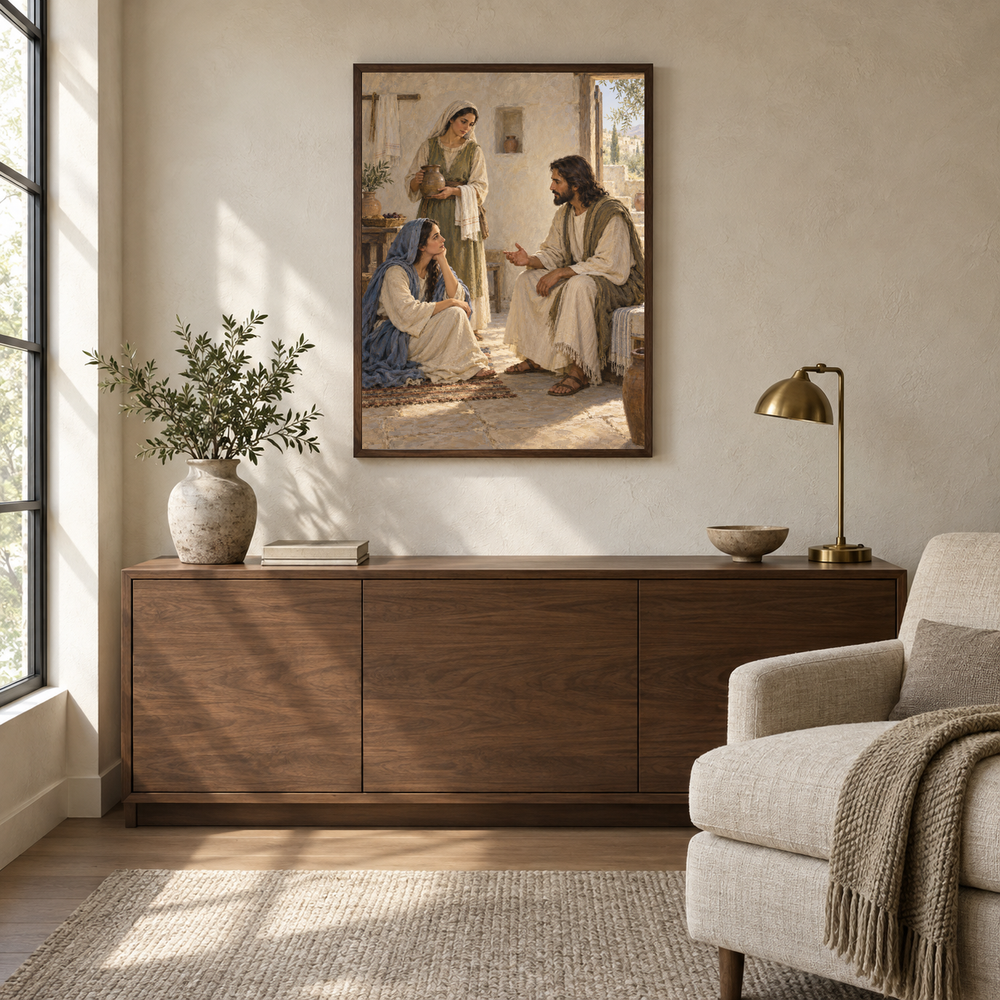 Mary and Martha at Bethany oil painting displayed in a quiet reading and prayer corner