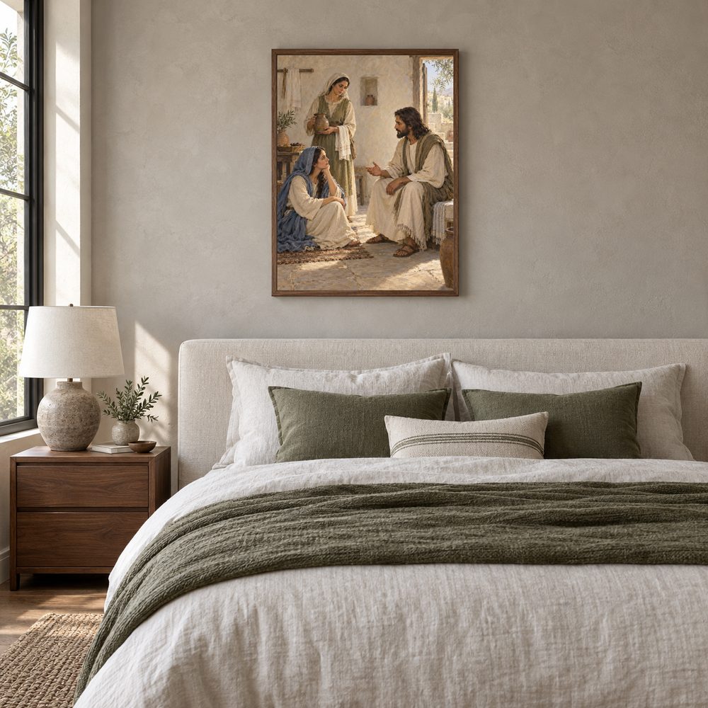 Mary and Martha at Bethany oil painting displayed in a neutral bedroom