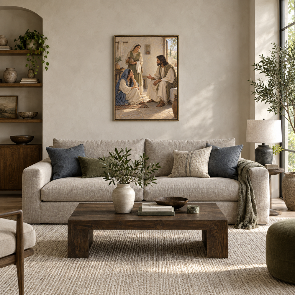 Mary and Martha at Bethany oil painting displayed in a modern living room