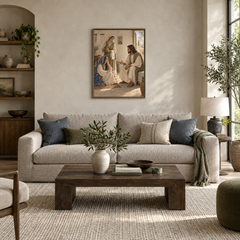 Mary and Martha at Bethany oil painting displayed in a modern living room