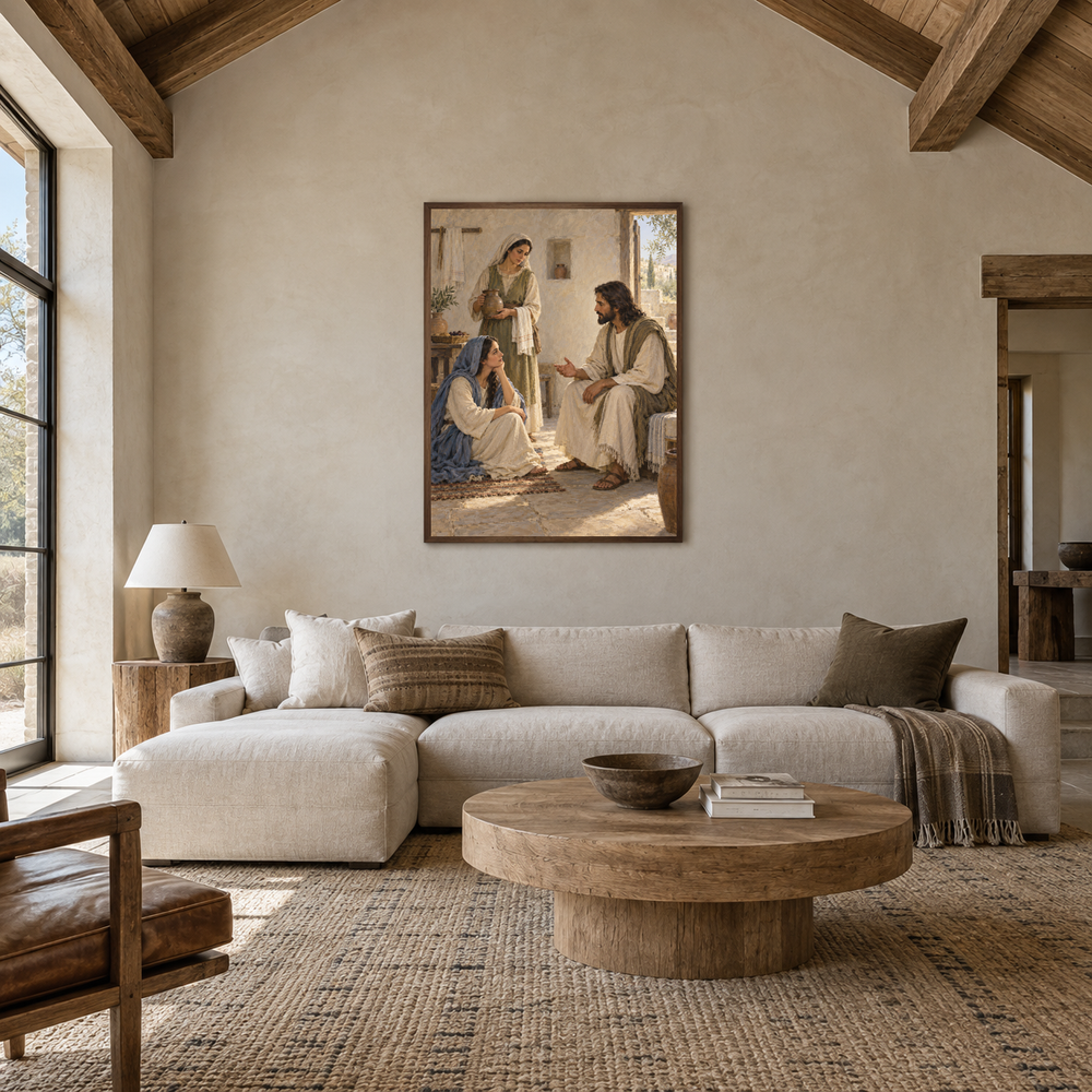 Mary and Martha at Bethany oil painting displayed in a living room