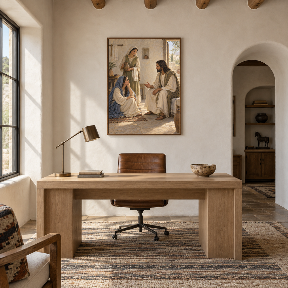 Mary and Martha at Bethany oil painting displayed in a study