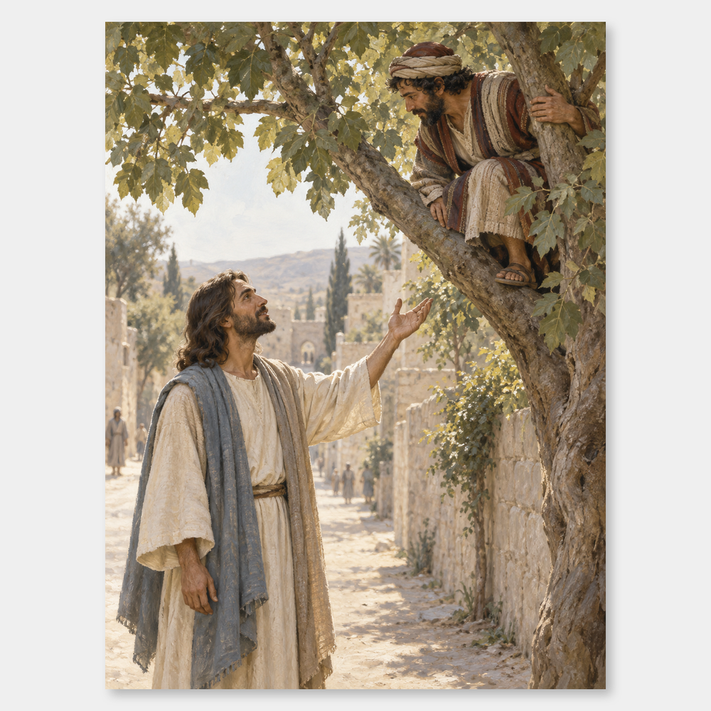 Zacchaeus Welcomed by Jesus on a neutral gray background