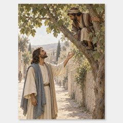 Zacchaeus Welcomed by Jesus on a neutral gray background