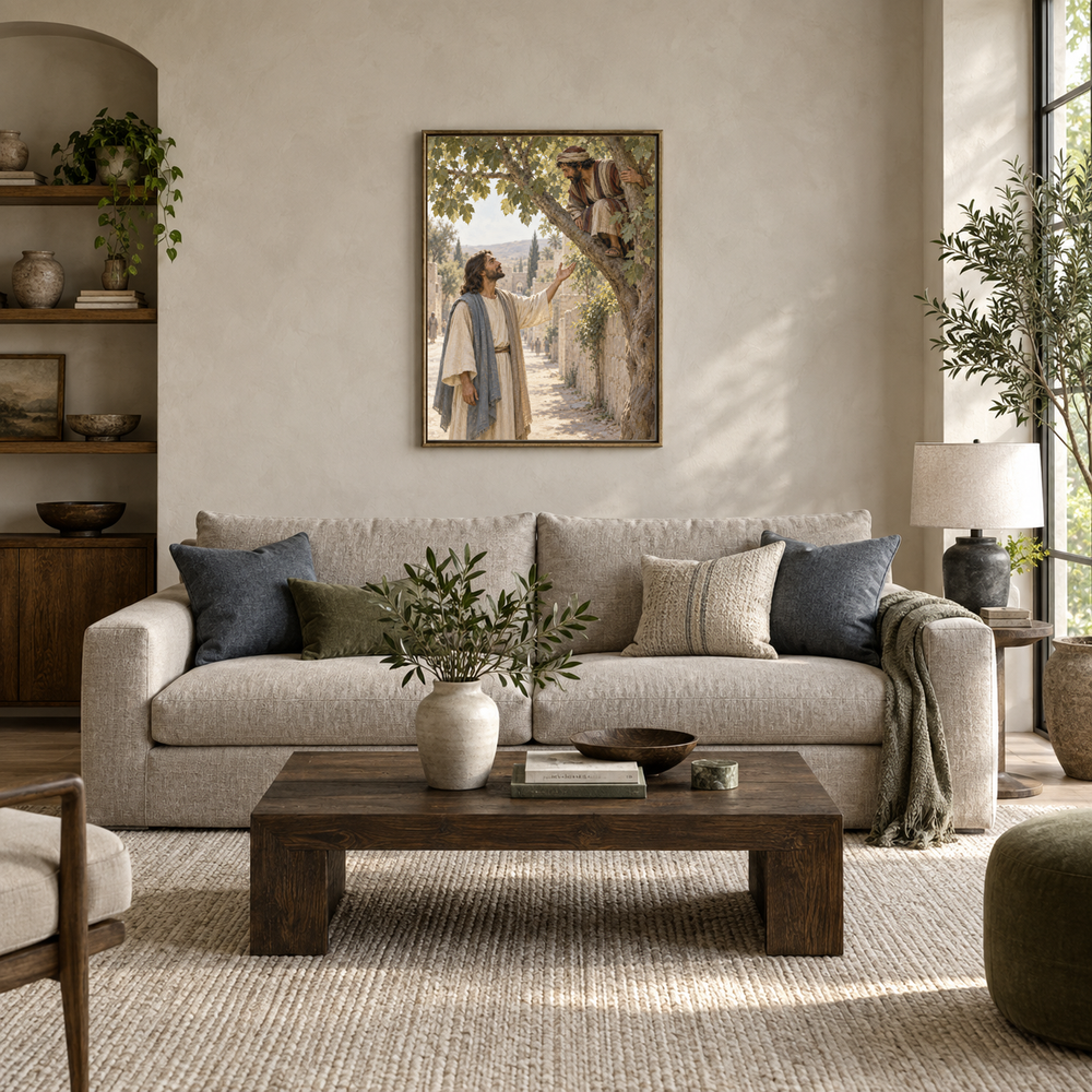 Zacchaeus Welcomed by Jesus oil painting displayed in a modern living room