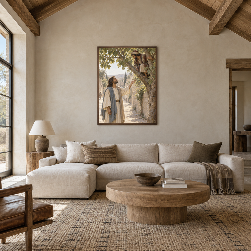 Zacchaeus Welcomed by Jesus oil painting displayed in a living room