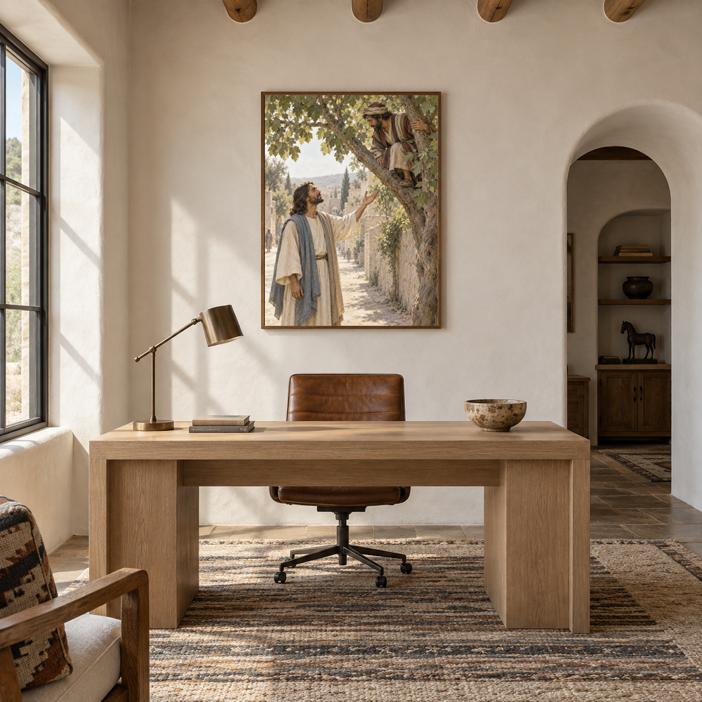 Zacchaeus Welcomed by Jesus oil painting displayed in a study