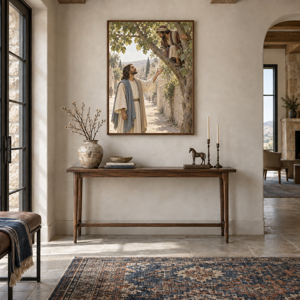 Zacchaeus Welcomed by Jesus oil painting displayed in a entryway