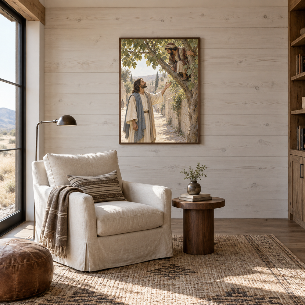 Zacchaeus Welcomed by Jesus oil painting displayed in a reading room