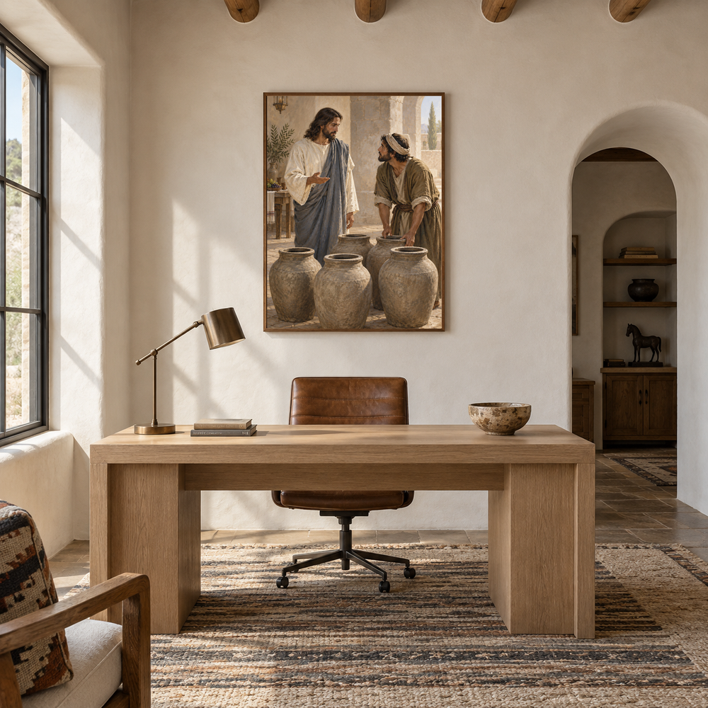 The Wedding at Cana oil painting displayed in a study