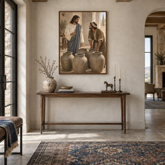 The Wedding at Cana oil painting displayed in a entryway