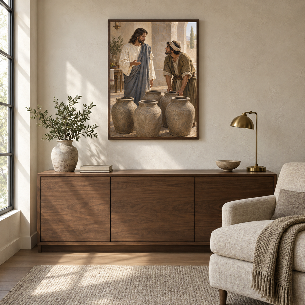 The Wedding at Cana oil painting displayed in a quiet reading and prayer corner