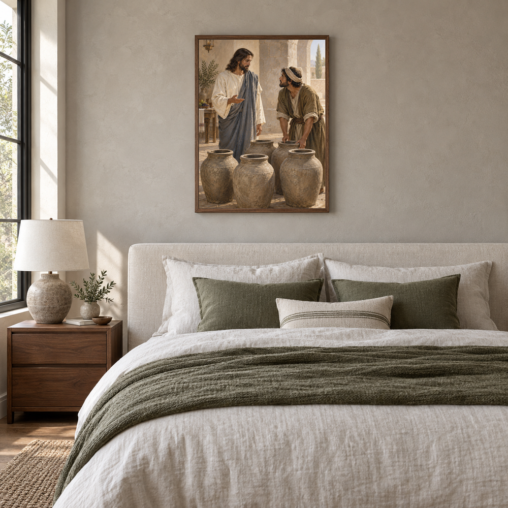 The Wedding at Cana oil painting displayed in a neutral bedroom