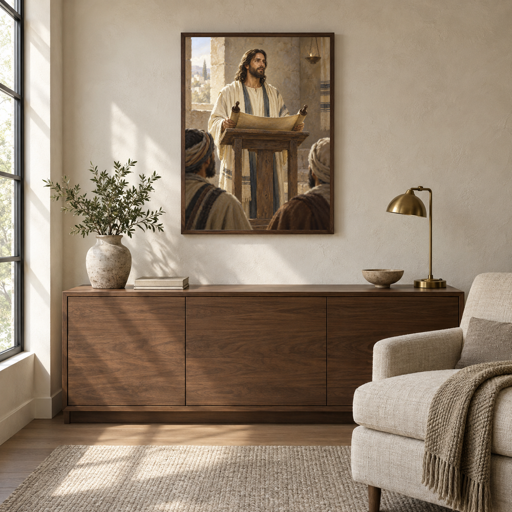 The Scroll at Nazareth oil painting displayed in a quiet reading and prayer corner