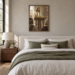 The Scroll at Nazareth oil painting displayed in a neutral bedroom