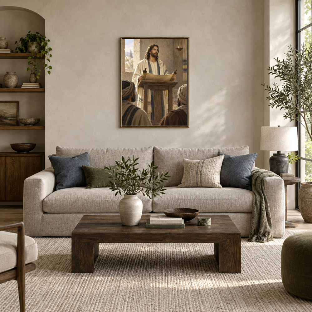 The Scroll at Nazareth oil painting displayed in a modern living room
