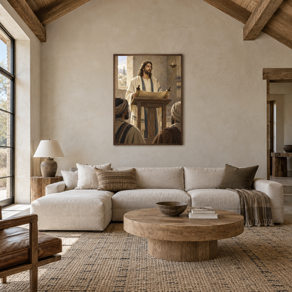 The Scroll at Nazareth oil painting displayed in a living room