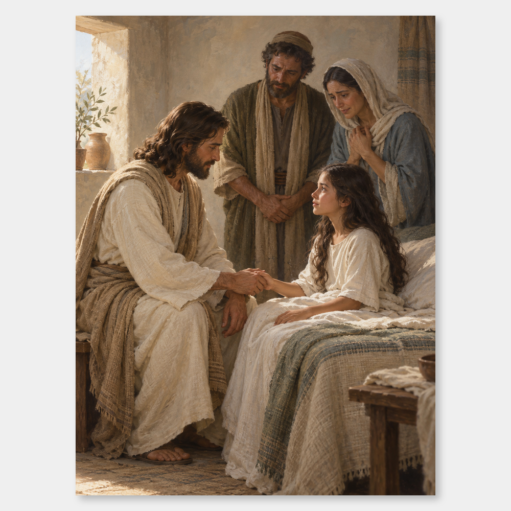 Jesus and Jairus’ Daughter on a neutral gray background