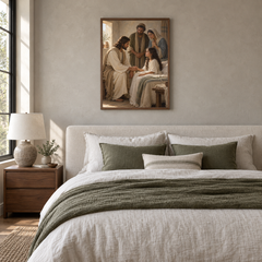 Jesus and Jairus’ Daughter oil painting displayed in a neutral bedroom