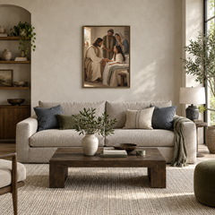 Jesus and Jairus’ Daughter oil painting displayed in a modern living room