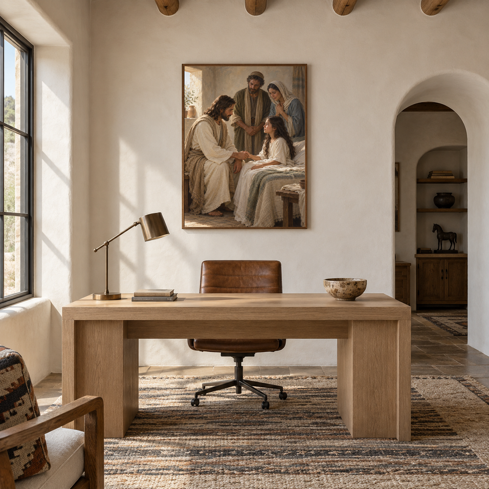 Jesus and Jairus’ Daughter oil painting displayed in a study