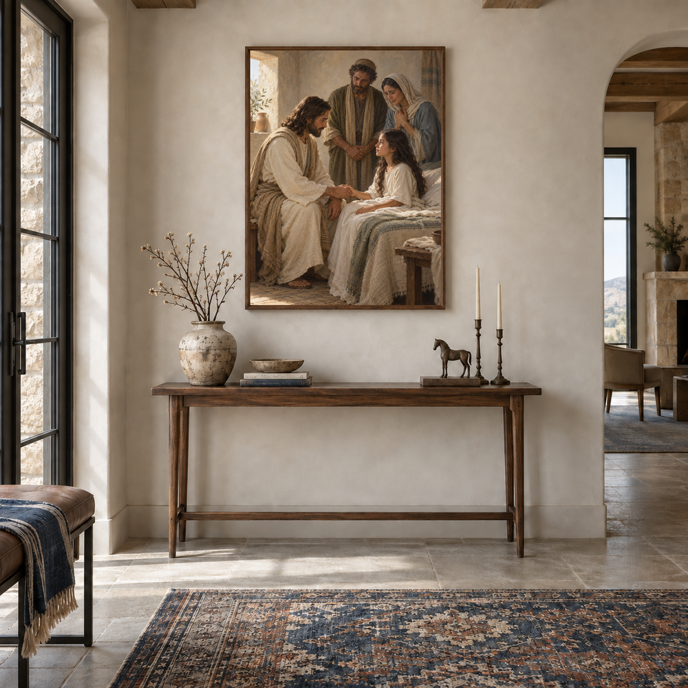 Jesus and Jairus’ Daughter oil painting displayed in a entryway